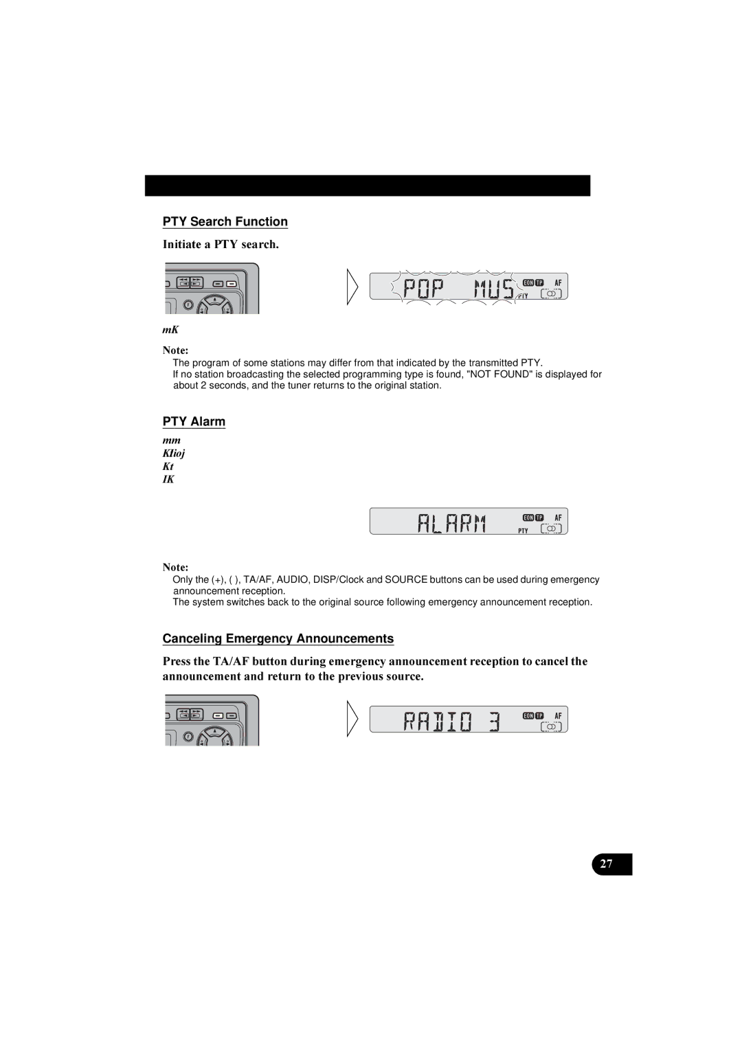 Pioneer KEH-P2800R, KEH-P2830R PTY Search Function, QLWLDWHD37VHDUFK, PTY Alarm, Canceling Emergency Announcements 