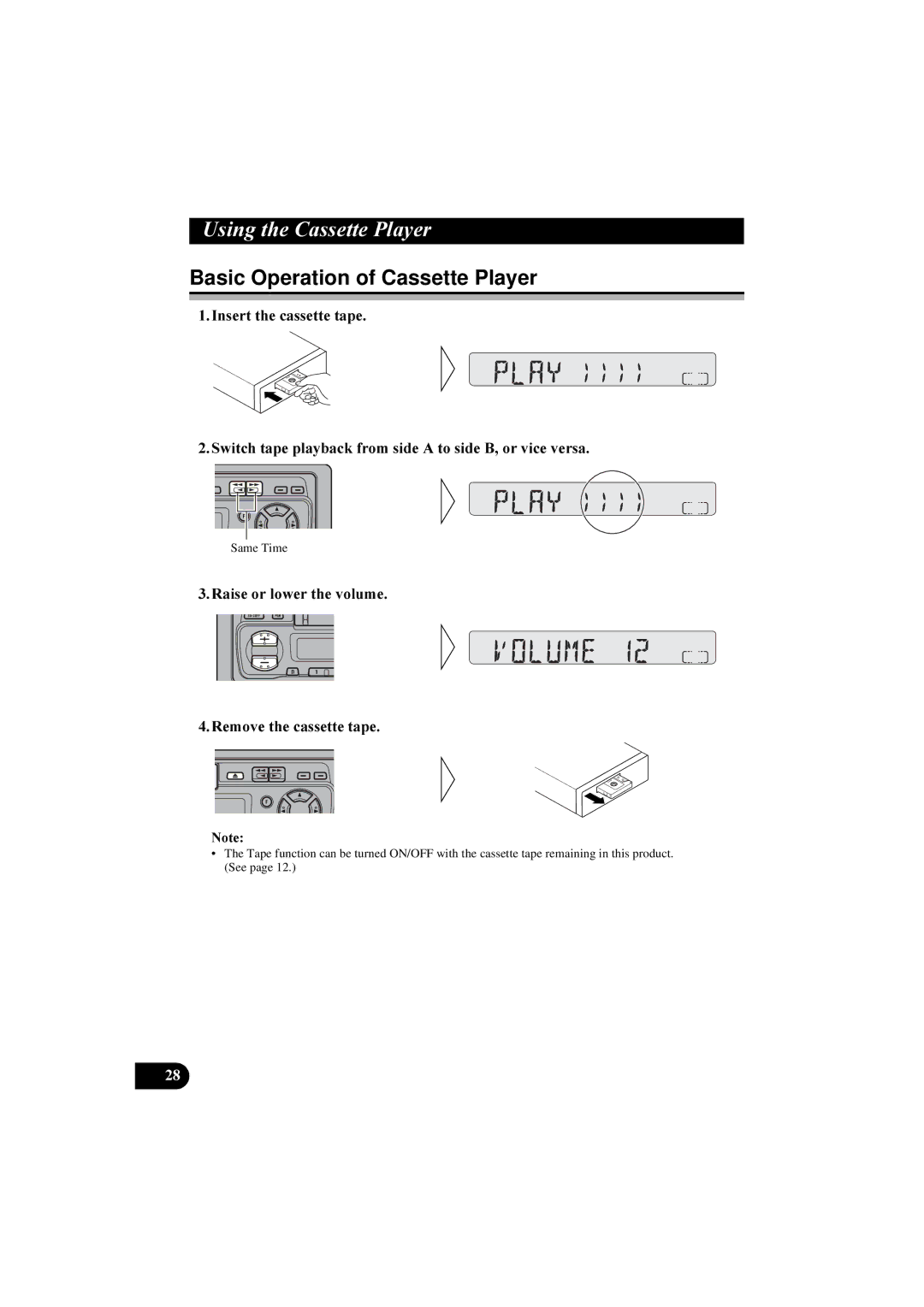 Pioneer KEH-P2830R, KEH-P2800R 8VLQJWKH&DVVHWWH3OD\HU, Basic Operation of Cassette Player, Qvhuwwkhfdvvhwwhwdsh 