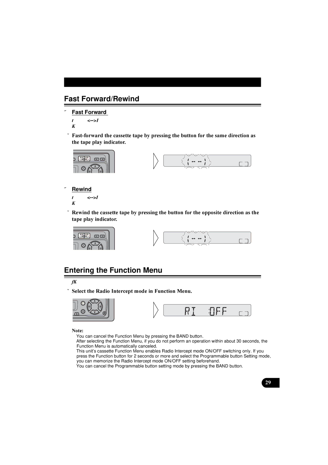 Pioneer KEH-P2800R, KEH-P2830R operation manual Fast Forward/Rewind, 6HOHFWWKH5DGLR,QWHUFHSWPRGHLQXQFWLRQ0HQX 