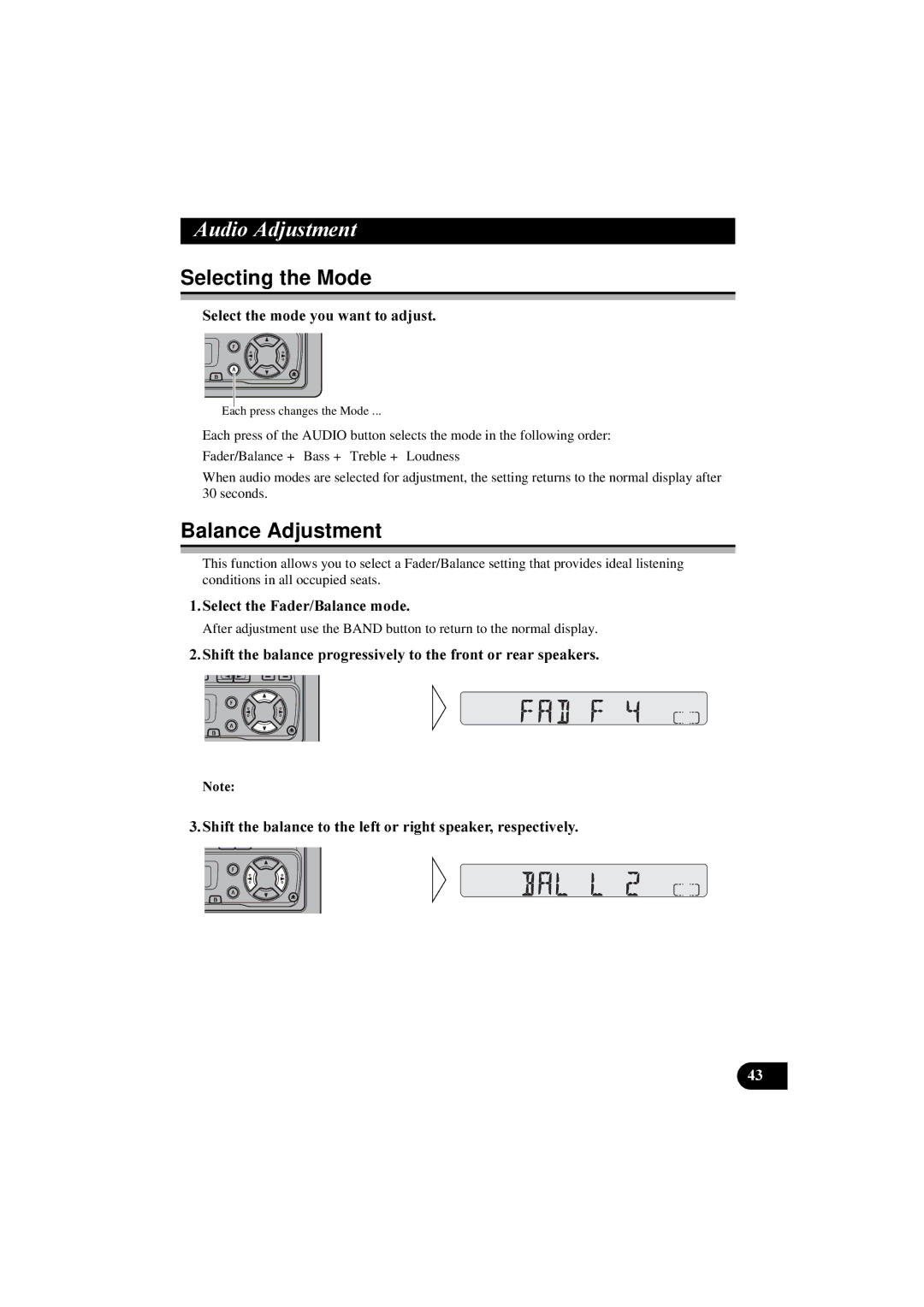 Pioneer KEH-P2800R, KEH-P2830R $Xglr$Gmxvwphqw, Selecting the Mode, Balance Adjustment, 6HOHFWWKHPRGH\RXZDQWWRDGMXVW 