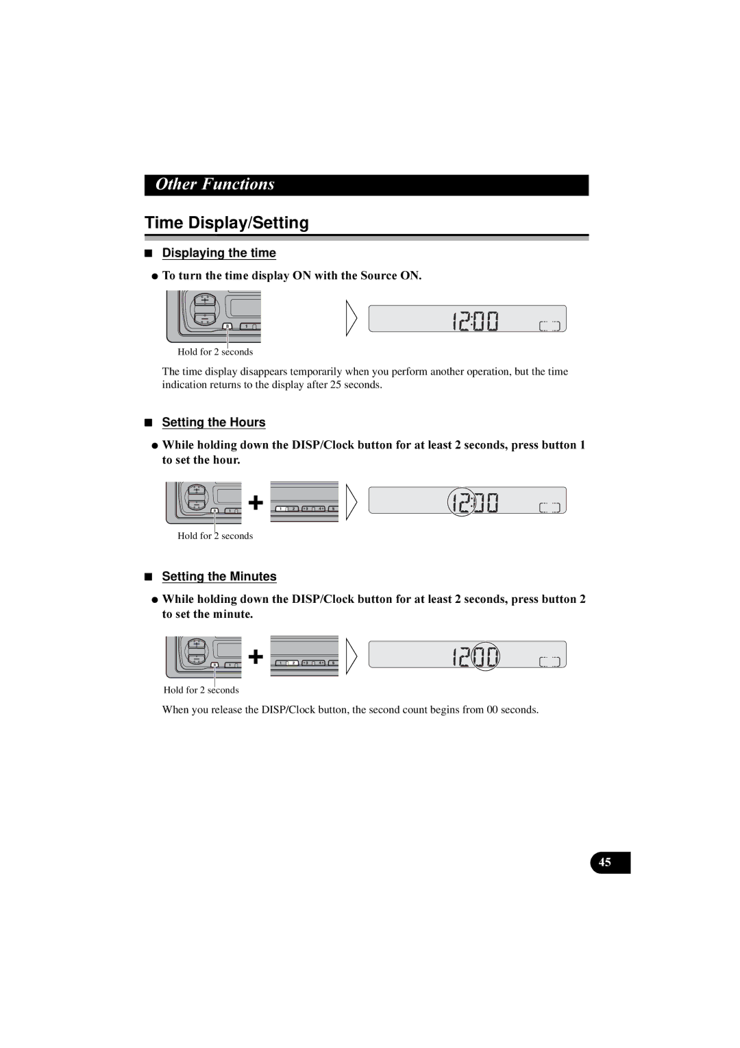 Pioneer KEH-P2800R 2WKHUXQFWLRQV, Time Display/Setting, Displaying the time, Setting the Hours, Setting the Minutes 