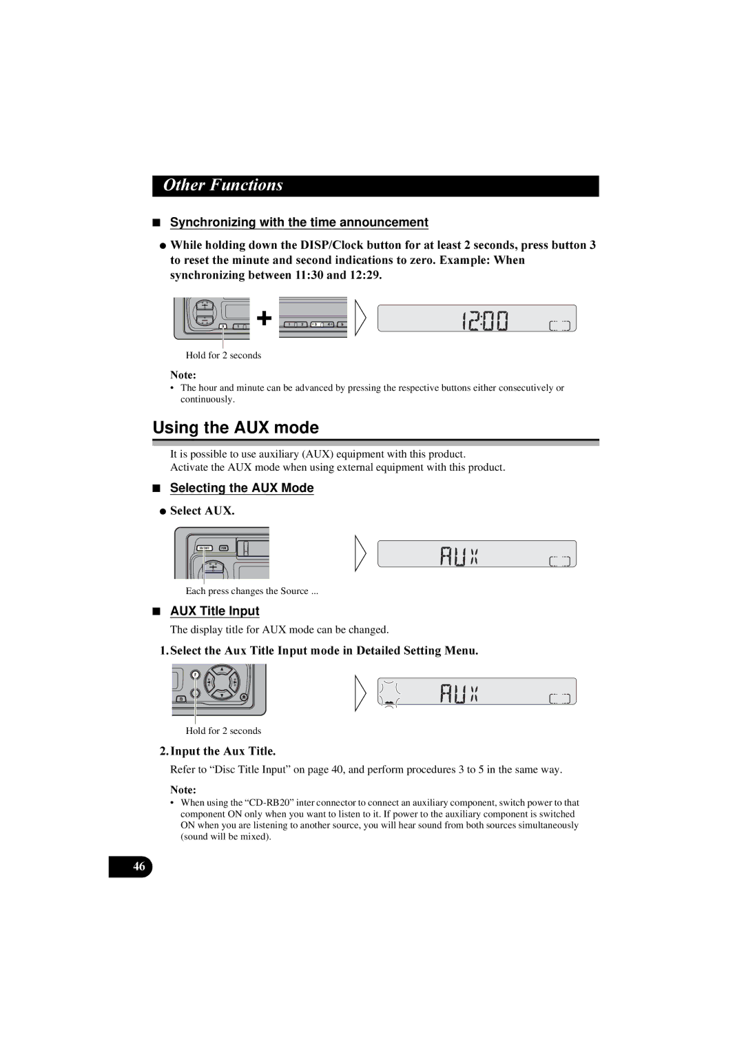 Pioneer KEH-P2830R Using the AUX mode, Synchronizing with the time announcement, Selecting the AUX Mode, AUX Title Input 