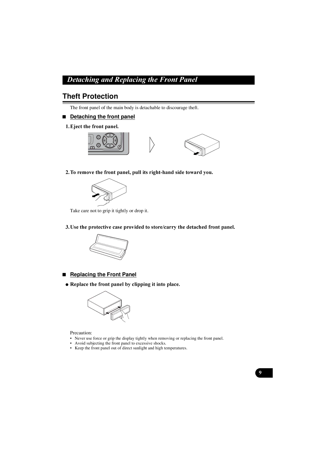 Pioneer KEH-P2800R, KEH-P2830R Theft Protection, Detaching the front panel, Mhfwwkhiurqwsdqho, Replacing the Front Panel 