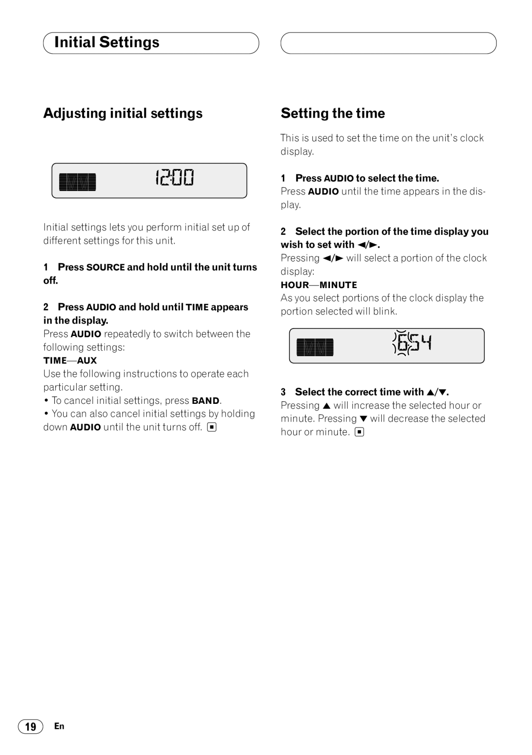 Pioneer KEH-P4020 Initial Settings, Adjusting initial settings, Setting the time, Press Audio to select the time 