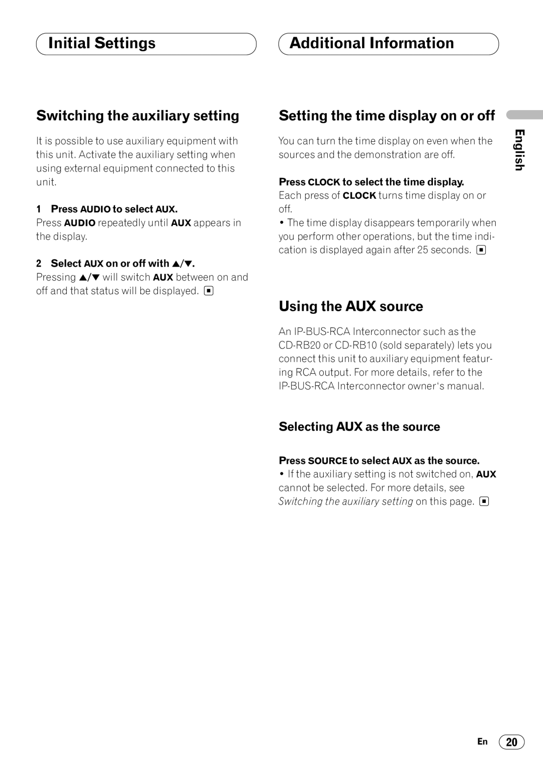 Pioneer KEH-P4020 Initial Settings Additional Information, Switching the auxiliary setting, Using the AUX source 