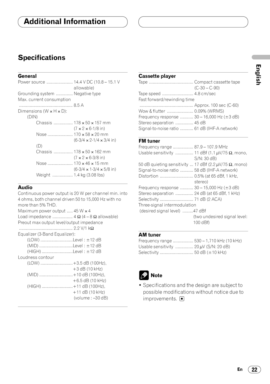 Pioneer KEH-P4020 operation manual Specifications, General, Audio, FM tuner, AM tuner 