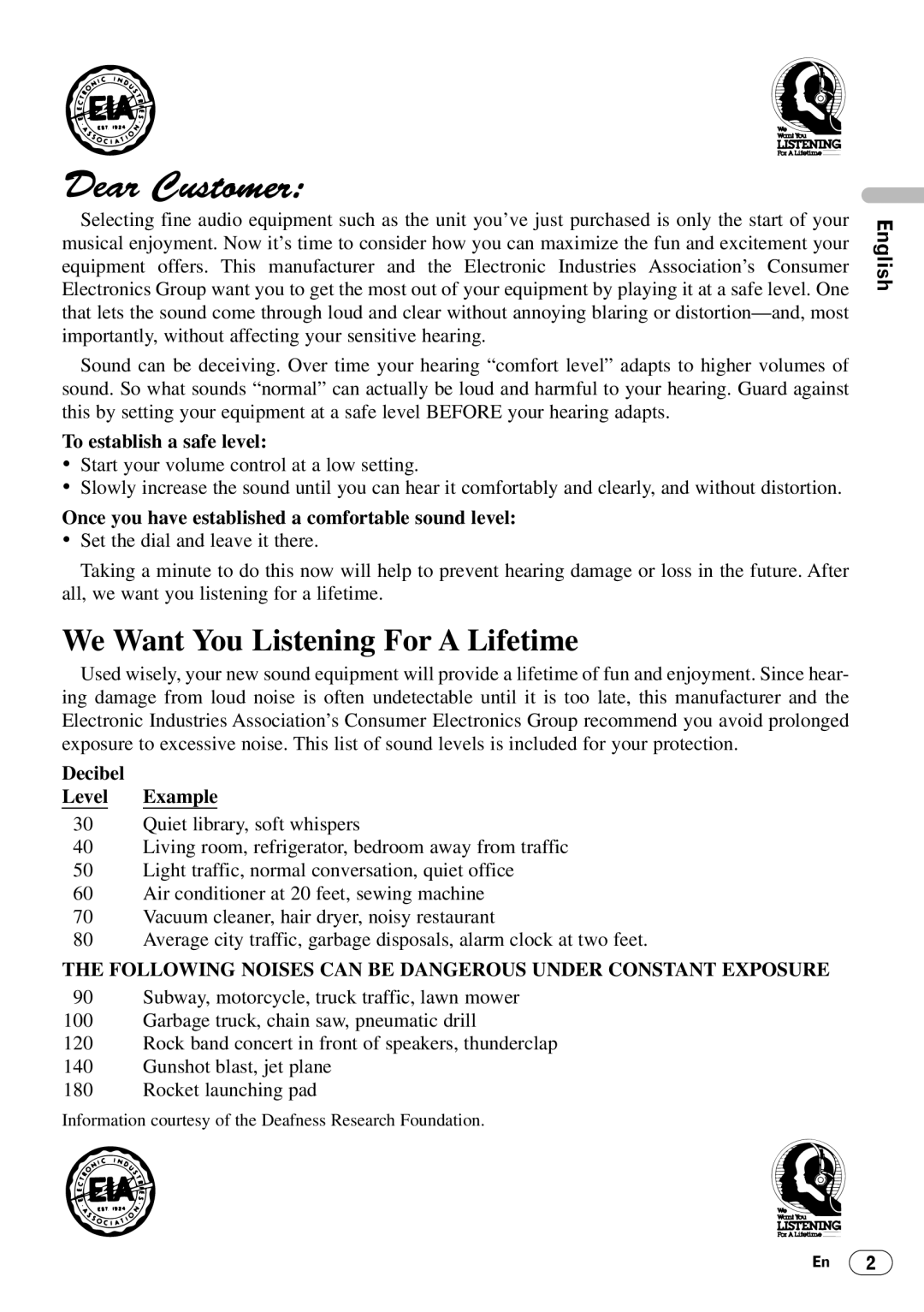 Pioneer KEH-P4020 operation manual English, To establish a safe level 