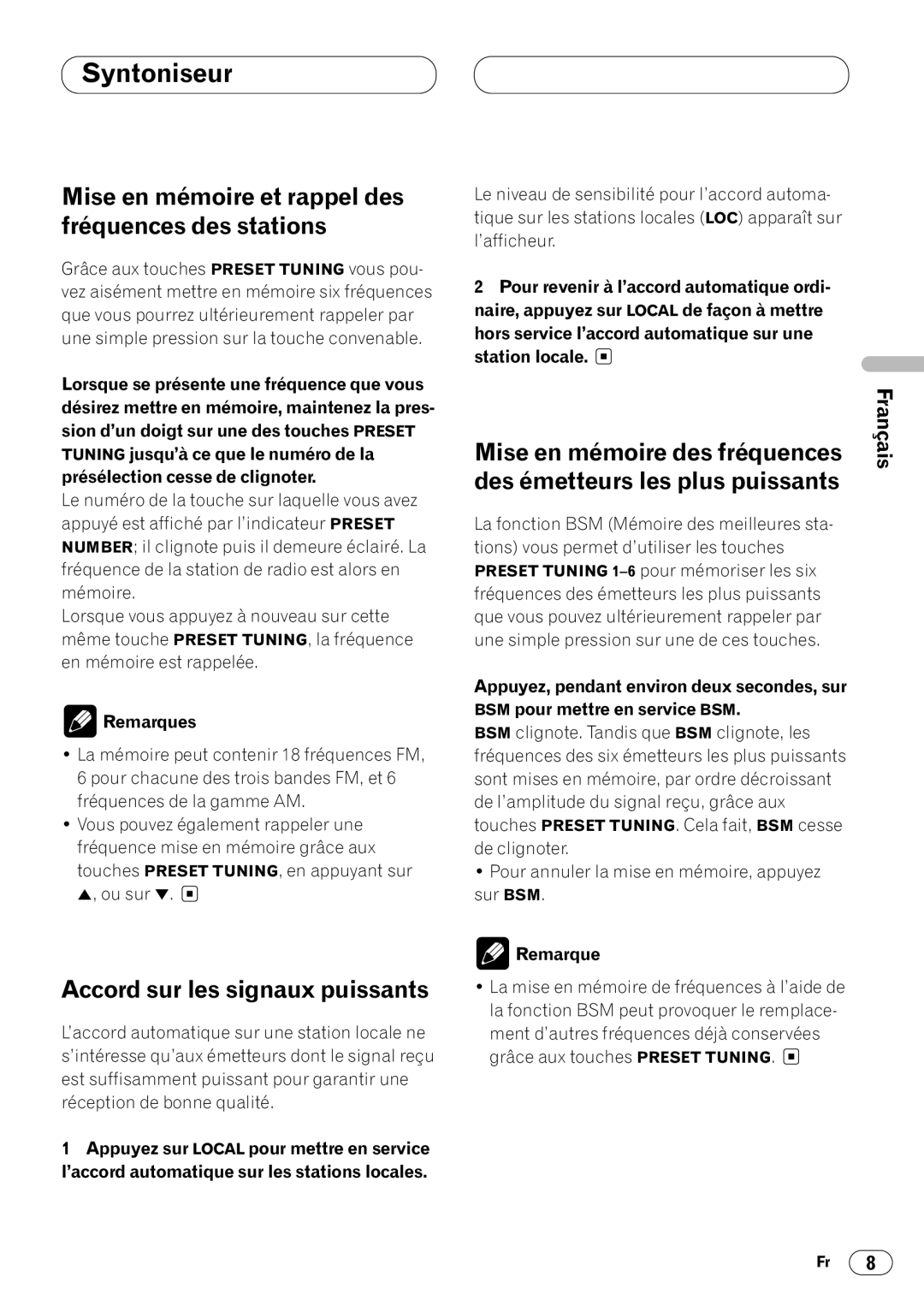 Pioneer KEH-P4020 operation manual Mise en mémoire et rappel des fréquences des stations, Accord sur les signaux puissants 