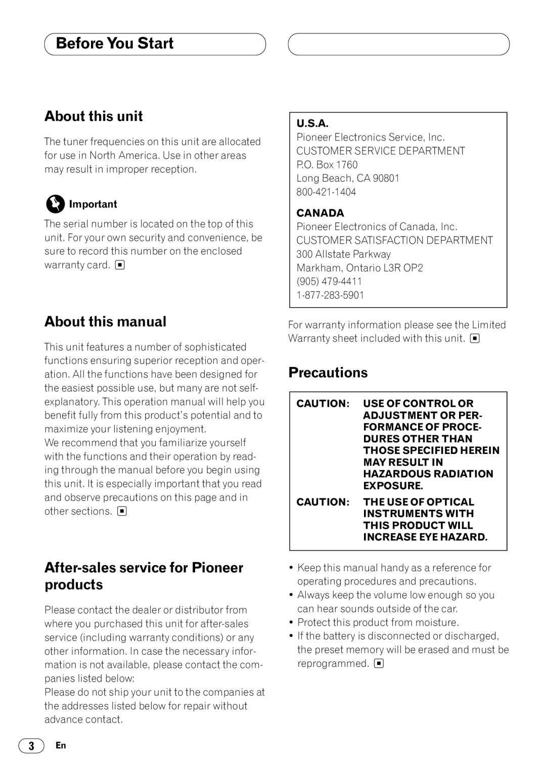 Pioneer KEH-P4020 Before You Start, About this unit, About this manual, After-sales service for Pioneer products 