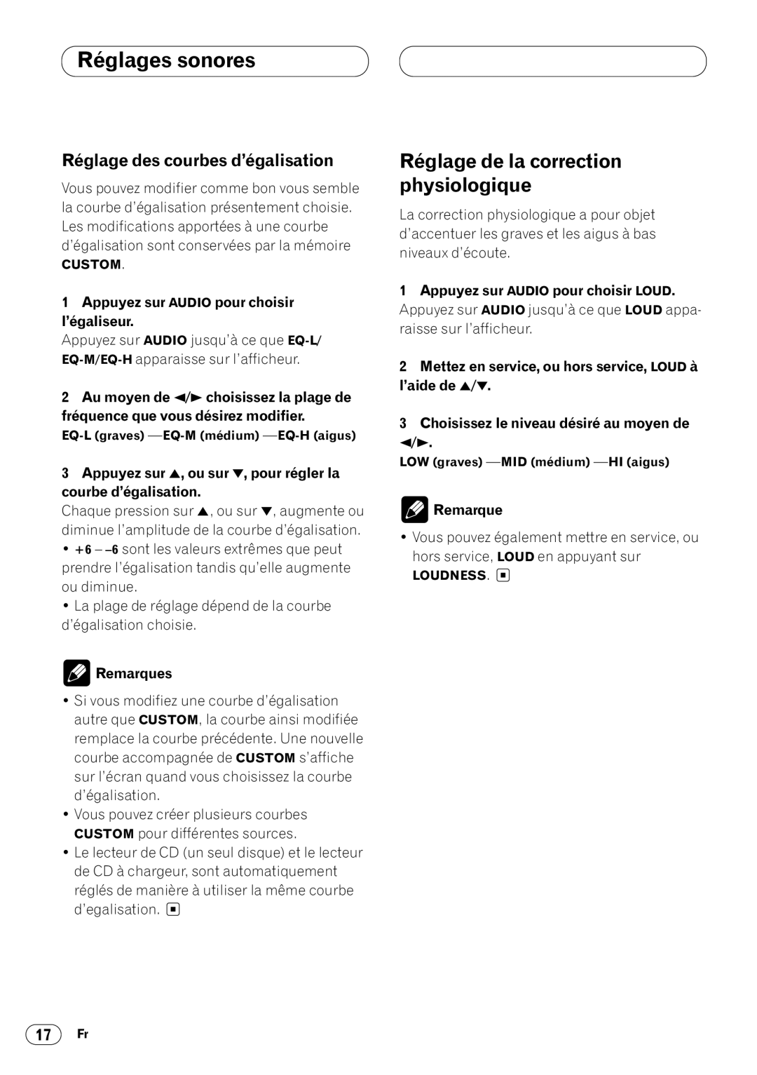 Pioneer KEH-P4020 operation manual Réglage des courbes d’égalisation, Réglage de la correction physiologique 