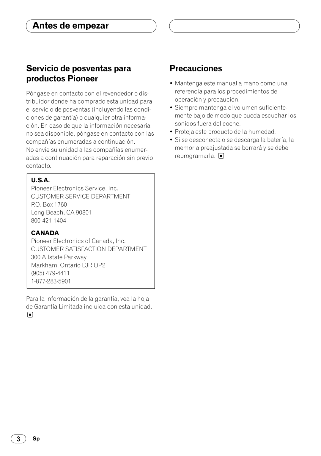 Pioneer KEH-P4020 operation manual Servicio de posventas para productos Pioneer, Precauciones 