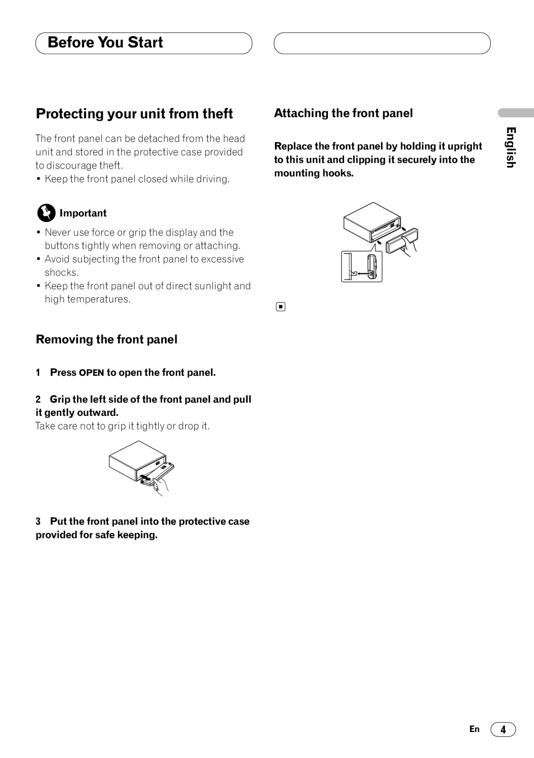 Pioneer KEH-P4020 operation manual Protecting your unit from theft, Attaching the front panel, Removing the front panel 