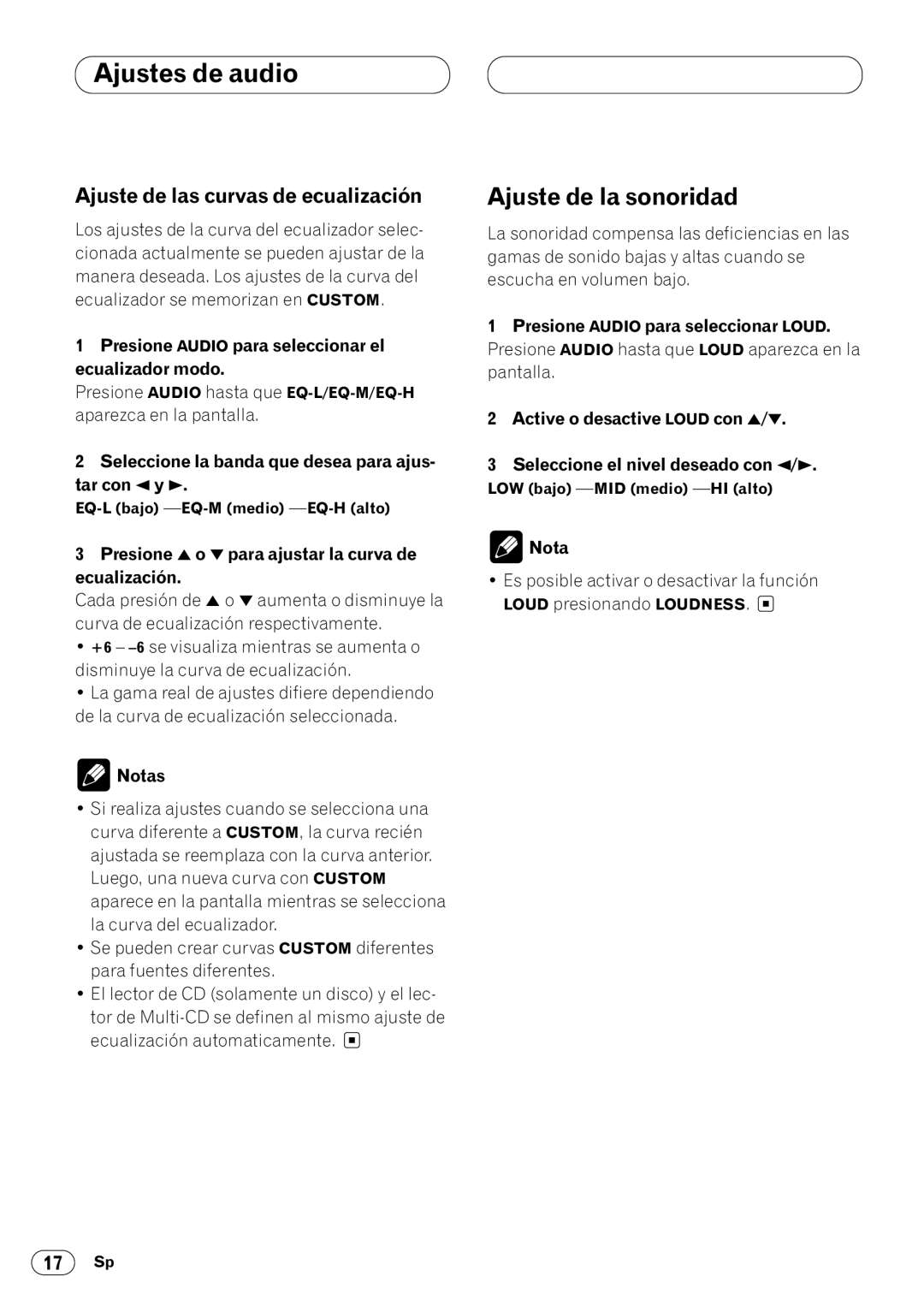 Pioneer KEH-P4020 operation manual Ajuste de la sonoridad, Ajuste de las curvas de ecualización 