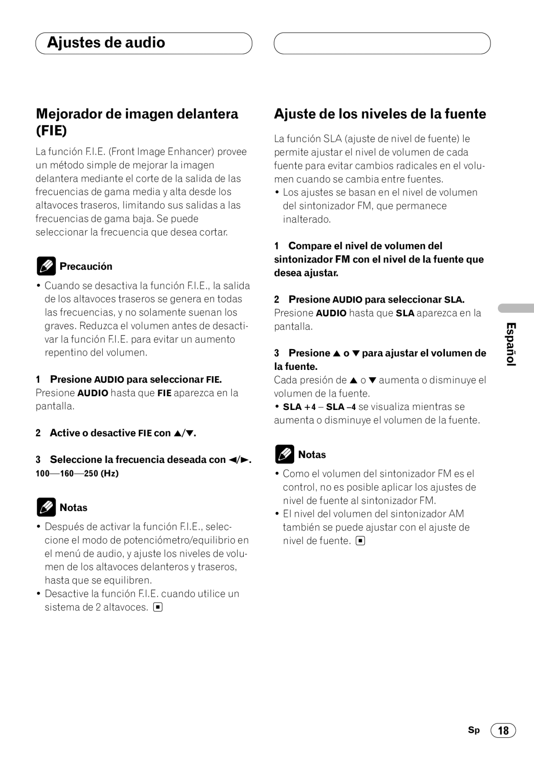 Pioneer KEH-P4020 operation manual Mejorador de imagen delantera FIE, Ajuste de los niveles de la fuente, Precaución 