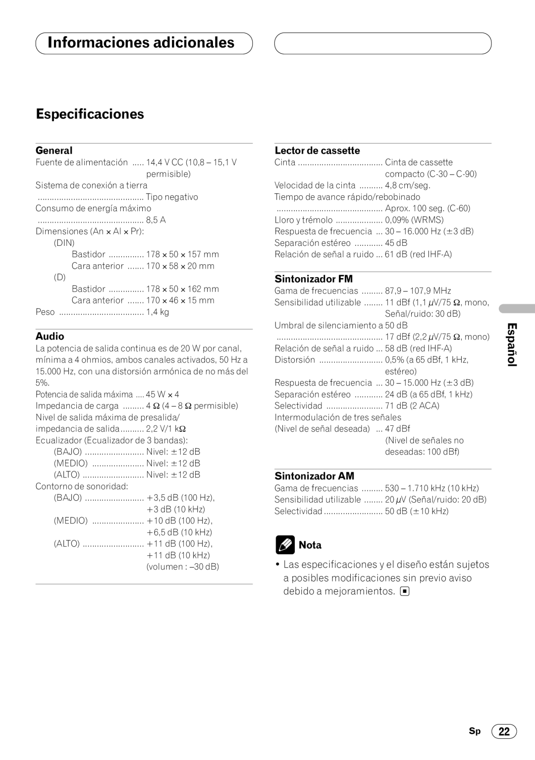 Pioneer KEH-P4020 operation manual Especificaciones, Lector de cassette, Sintonizador FM, Sintonizador AM 