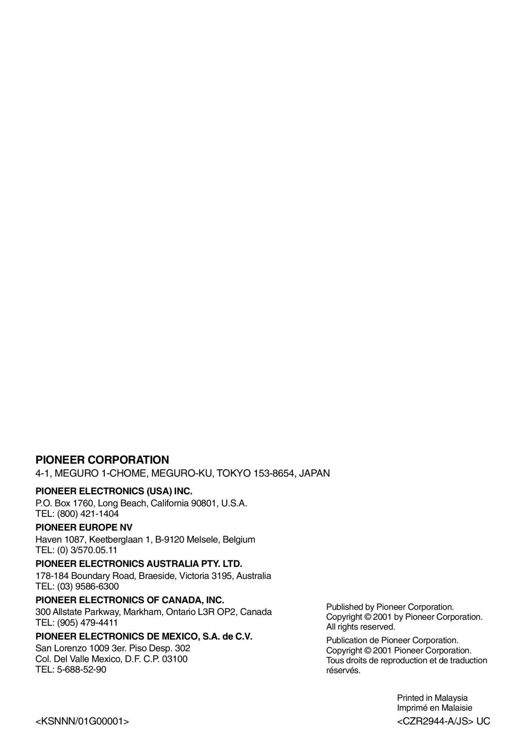 Pioneer KEH-P4020 operation manual Pioneer Corporation 