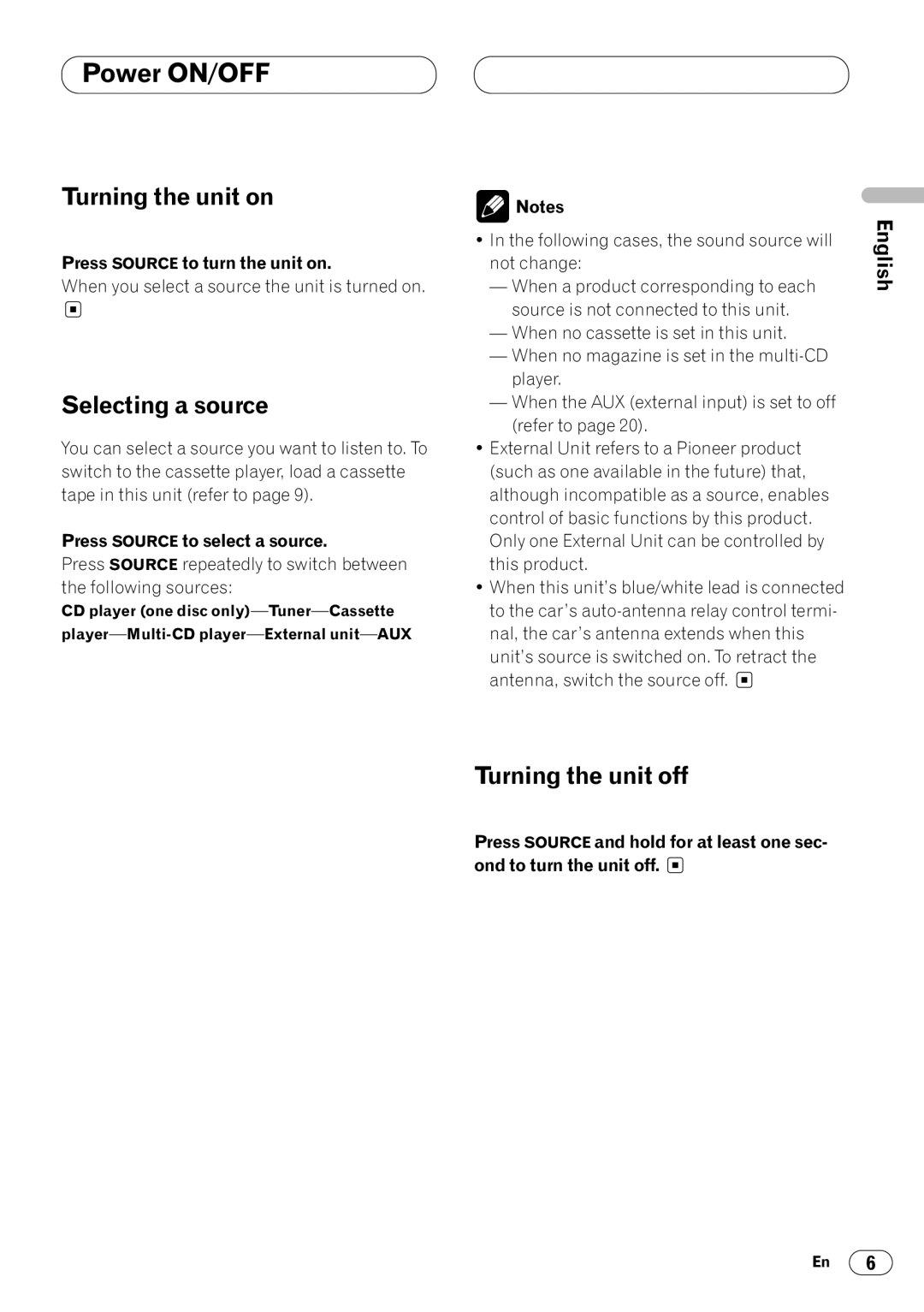 Pioneer KEH-P4020 operation manual Power ON/OFF, Turning the unit on, Selecting a source, Turning the unit off 