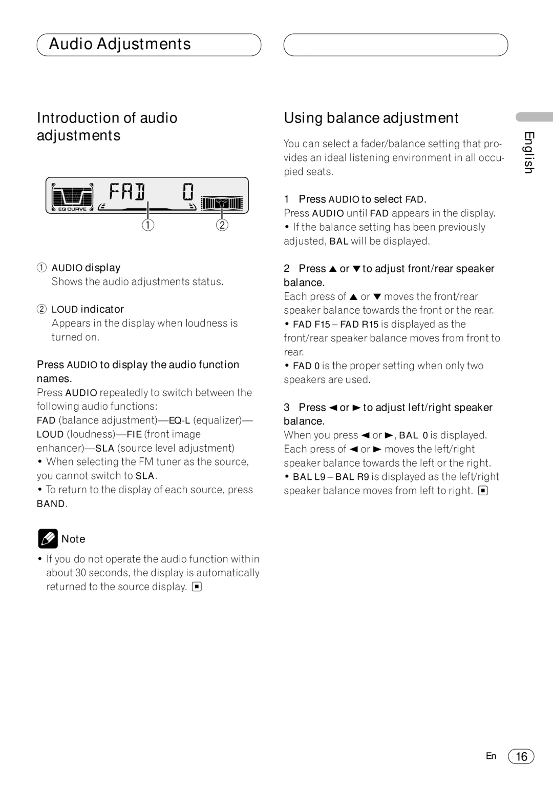 Pioneer KEH-P4023R, KEH-P4020R Audio Adjustments, Introduction of audio adjustments, Using balance adjustment 