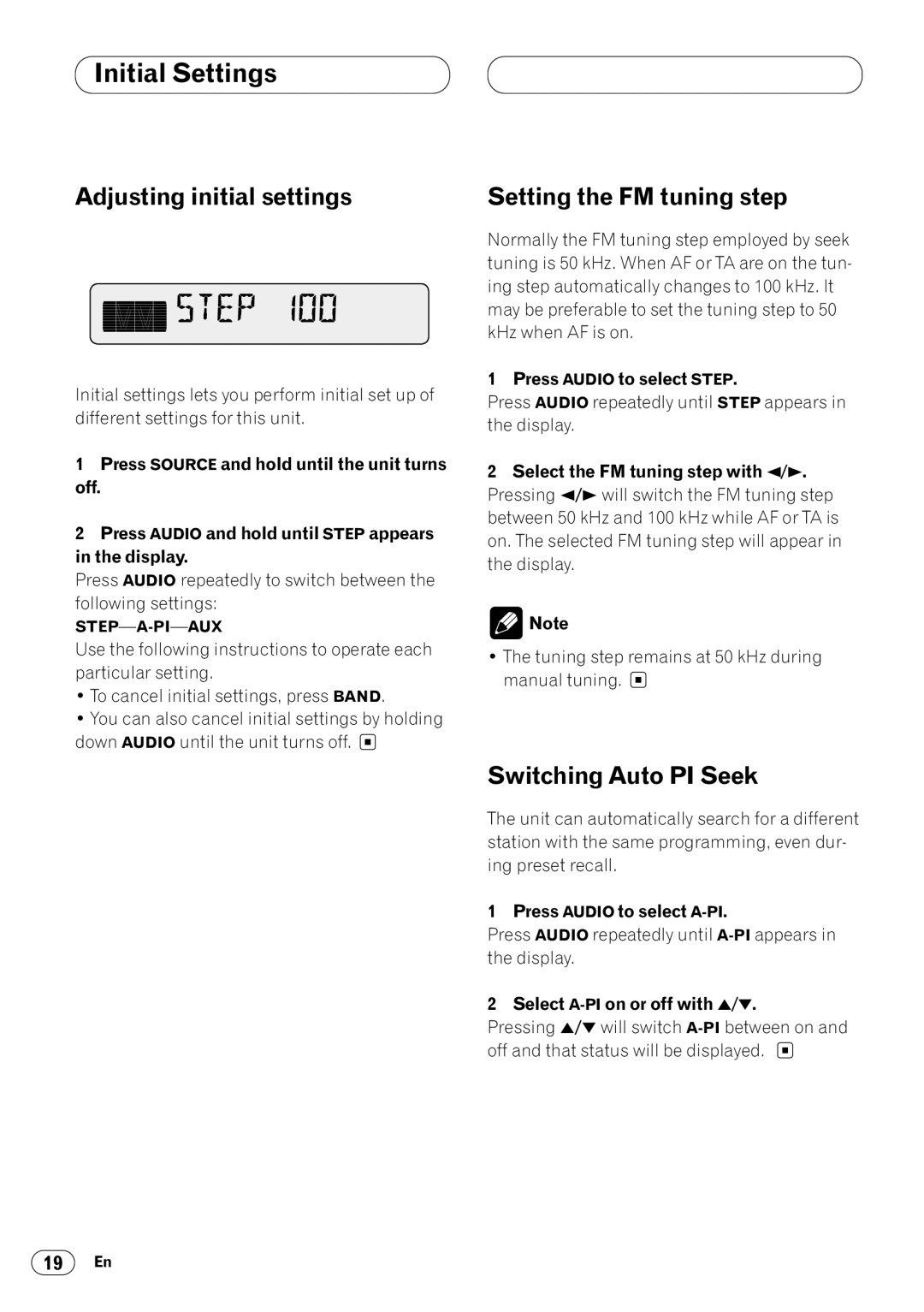 Pioneer KEH-P4020R Initial Settings, Adjusting initial settings, Switching Auto PI Seek, Setting the FM tuning step 