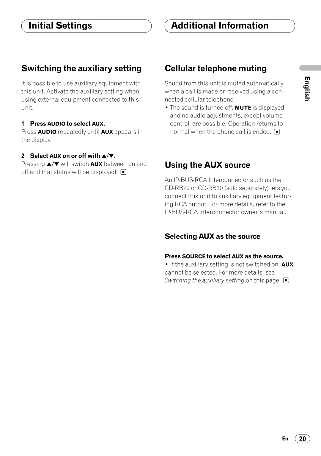 Pioneer KEH-P4023R Initial Settings Additional Information, Switching the auxiliary setting, Cellular telephone muting 