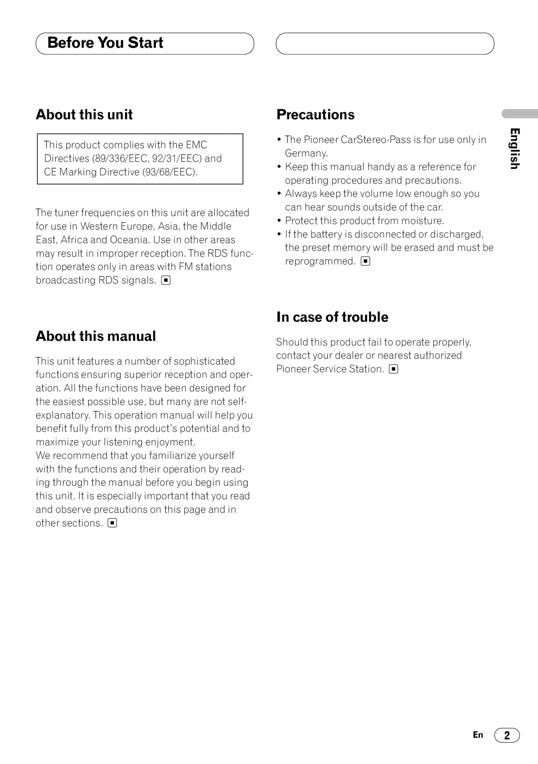 Pioneer KEH-P4023R, KEH-P4020R Before You Start, About this unit, Precautions, About this manual, Case of trouble 
