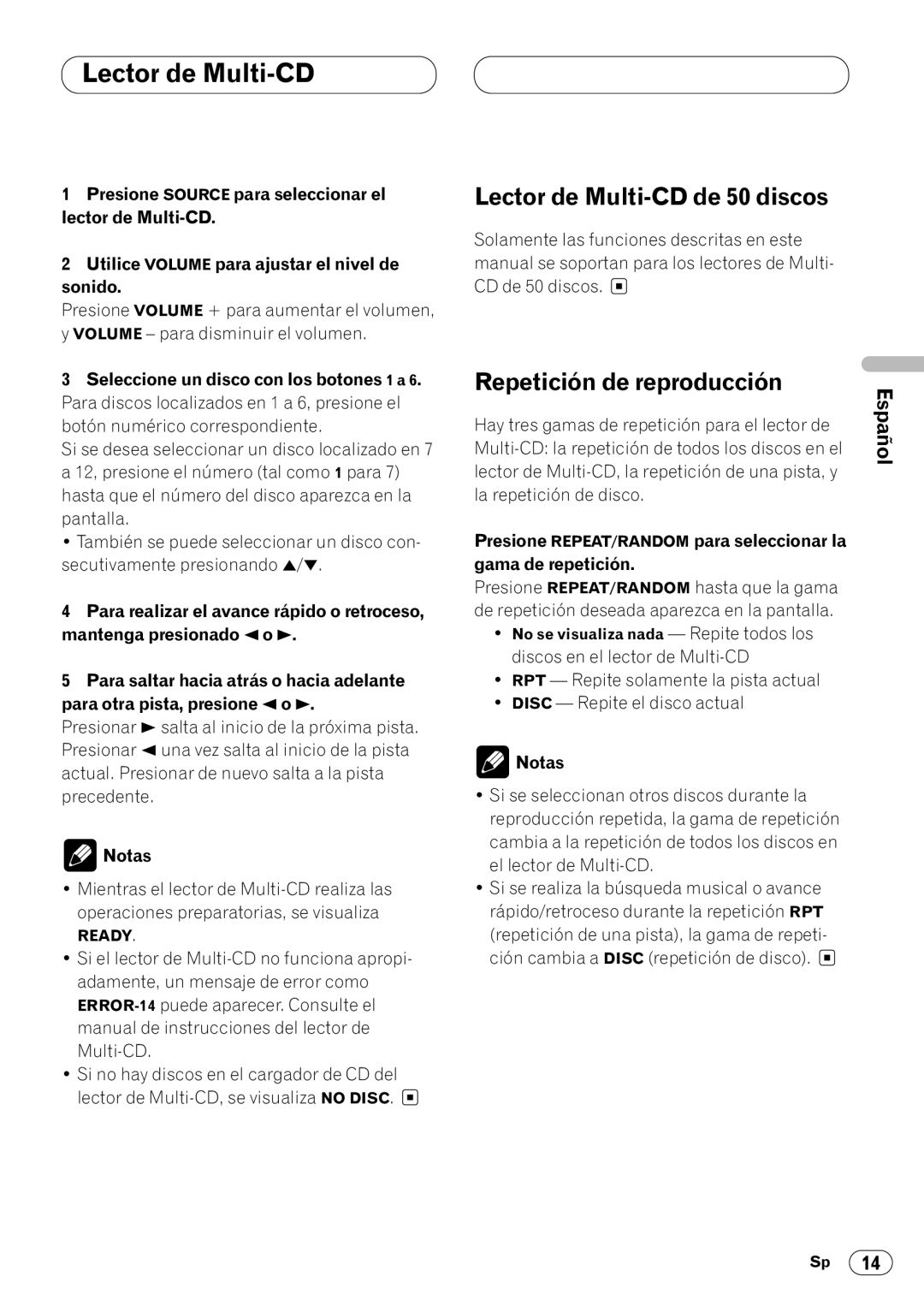 Pioneer KEH-P4023R, KEH-P4020R operation manual Lector de Multi-CD de 50 discos, Español 