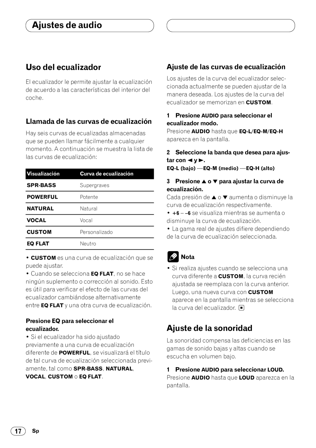 Pioneer KEH-P4020R, KEH-P4023R Uso del ecualizador, Ajuste de la sonoridad, Llamada de las curvas de ecualización 