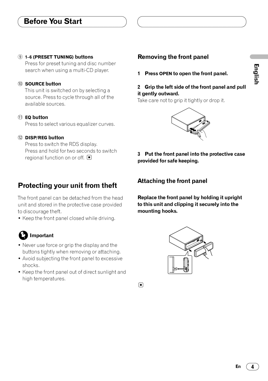 Pioneer KEH-P4023R Protecting your unit from theft, Removing the front panel, Attaching the front panel, EQ button 