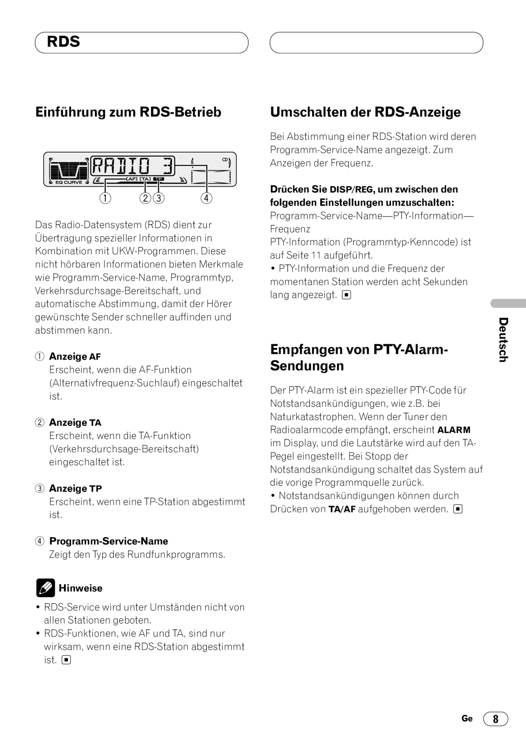 Pioneer KEH-P4023R, KEH-P4020R Einführung zum RDS-Betrieb, Umschalten der RDS-Anzeige, Empfangen von PTY-Alarm, Sendungen 