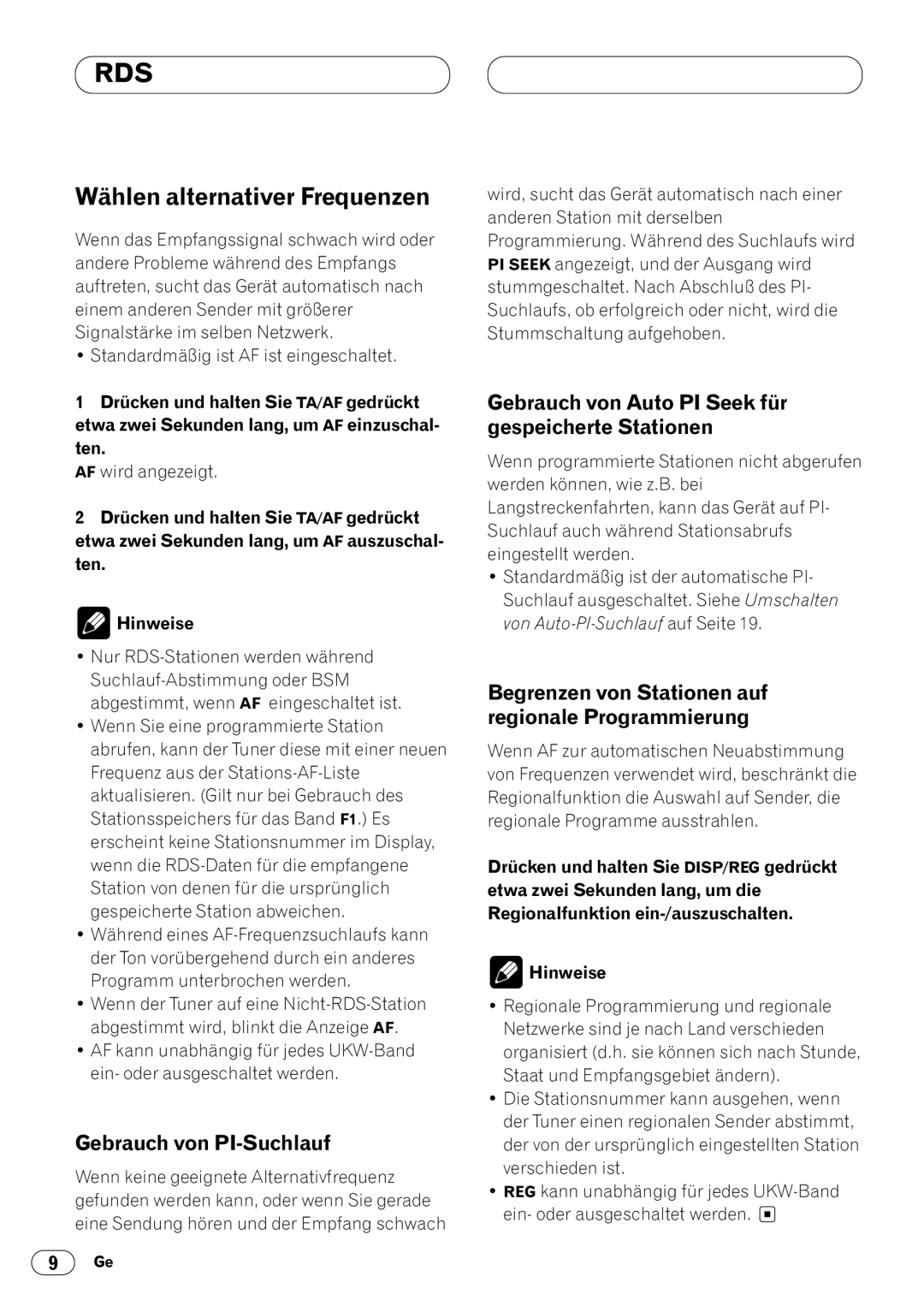 Pioneer KEH-P4020R, KEH-P4023R operation manual Wählen alternativer Frequenzen, Gebrauch von PI-Suchlauf 