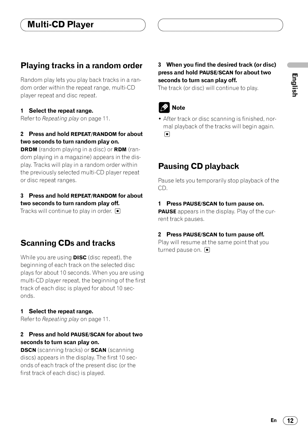 Pioneer KEH-P4025 operation manual Playing tracks in a random order, Scanning CDs and tracks, Pausing CD playback 