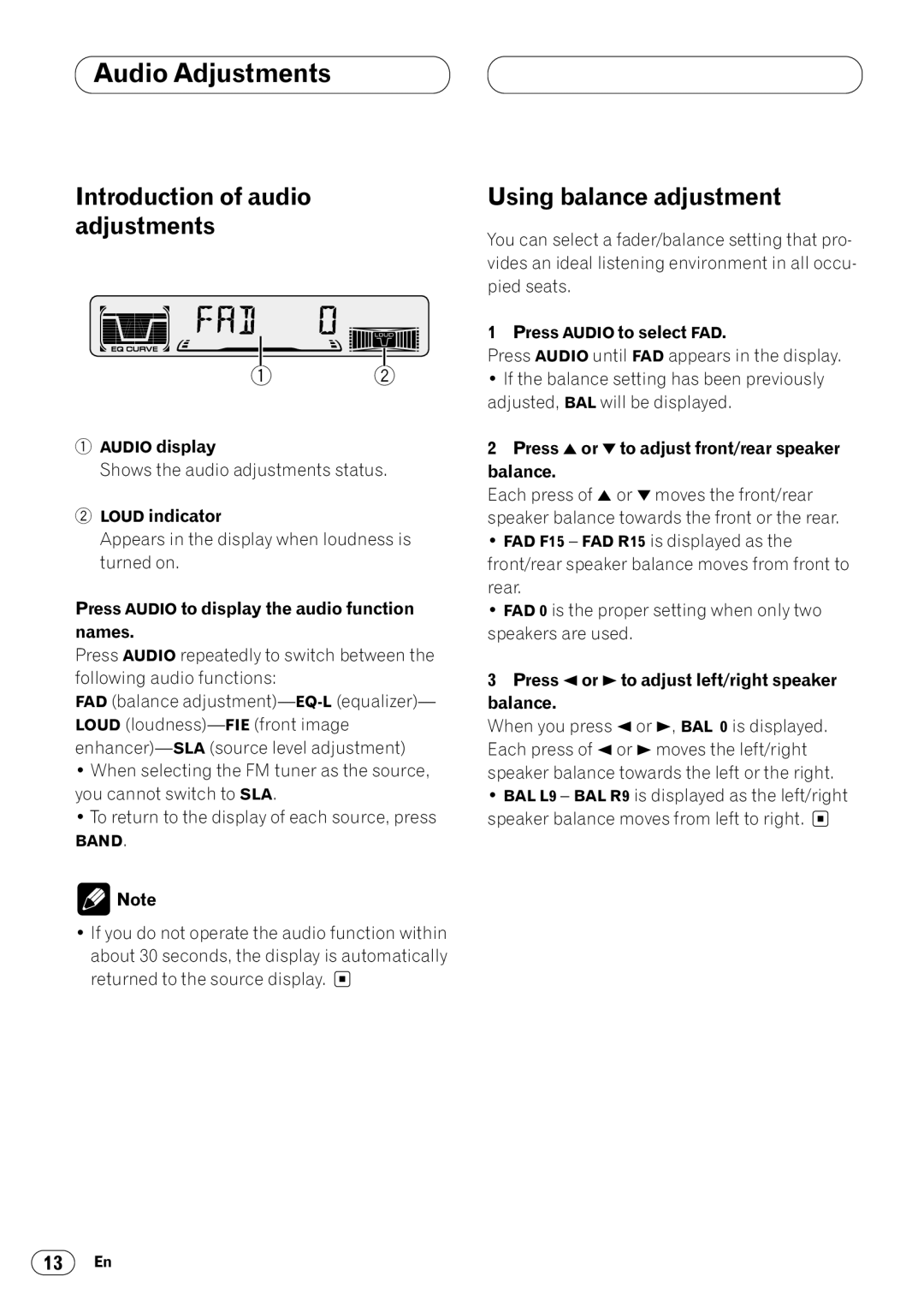 Pioneer KEH-P4025 operation manual Audio Adjustments, Introduction of audio adjustments, Using balance adjustment 