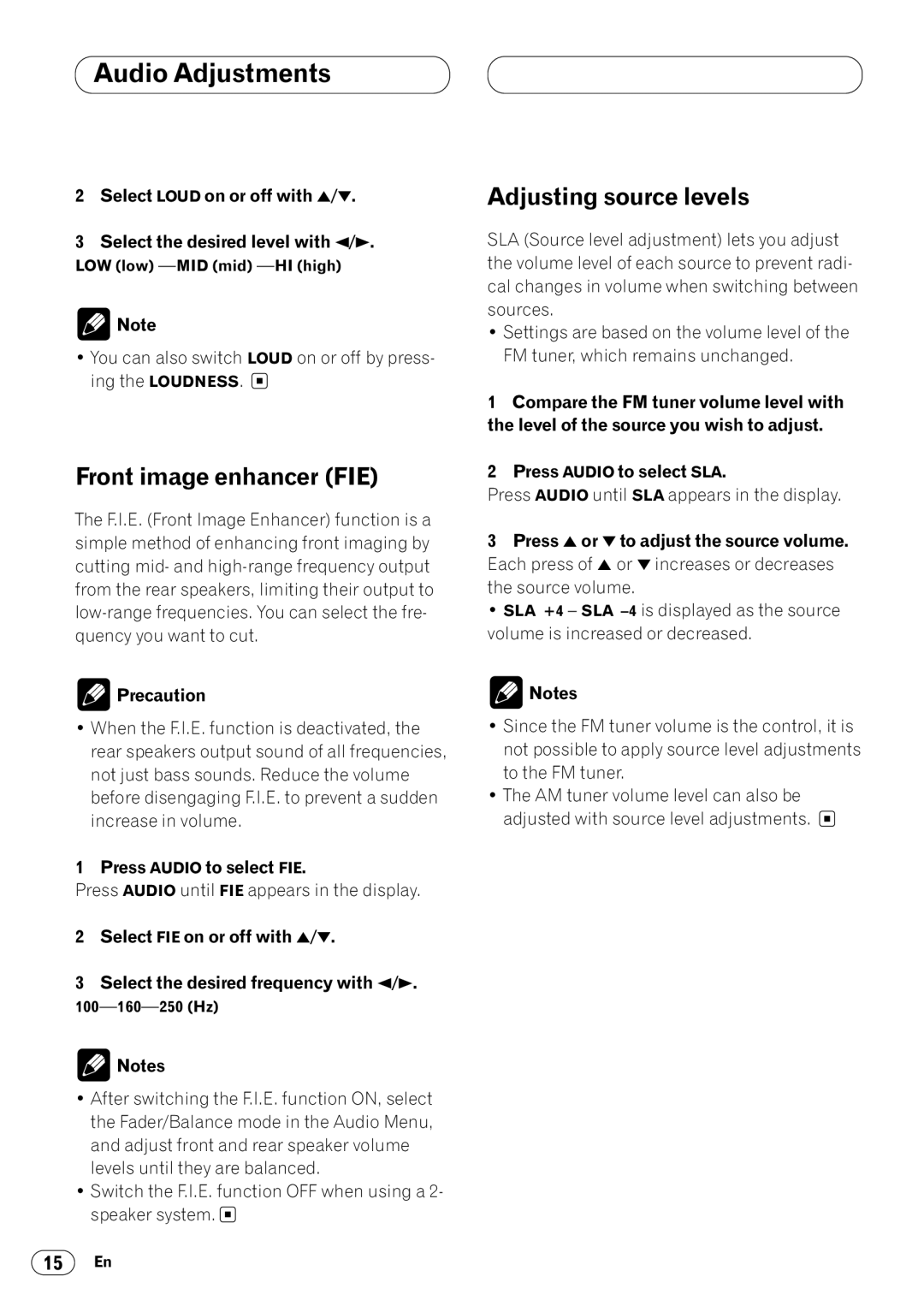 Pioneer KEH-P4025 operation manual Front image enhancer FIE, Adjusting source levels, Precaution, Press Audio to select FIE 