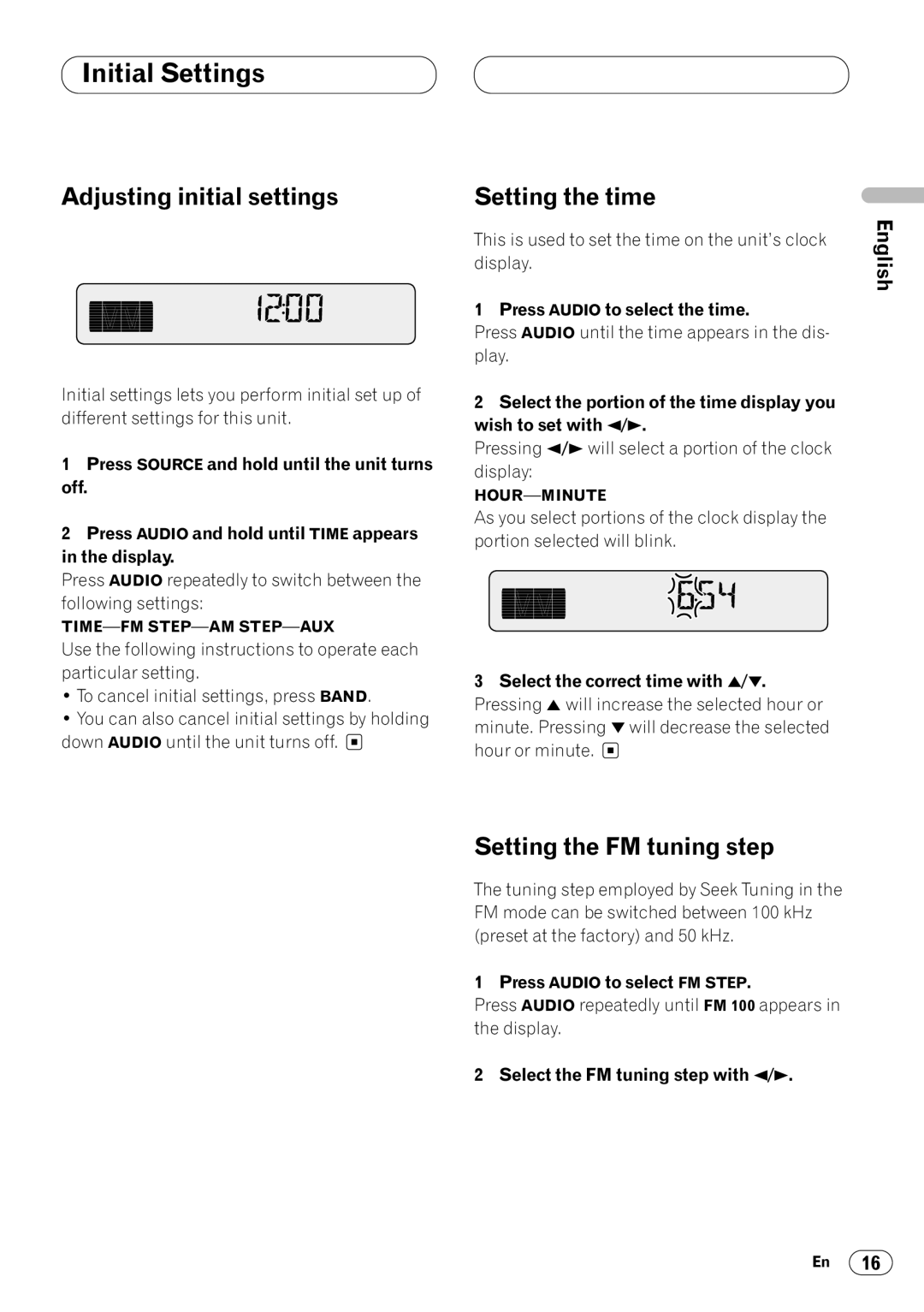 Pioneer KEH-P4025 Initial Settings, Adjusting initial settings, Setting the time, Setting the FM tuning step 