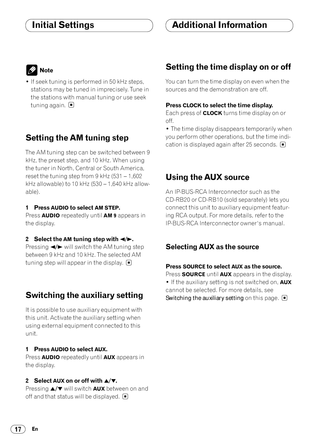 Pioneer KEH-P4025 Initial Settings Additional Information, Setting the AM tuning step, Switching the auxiliary setting 