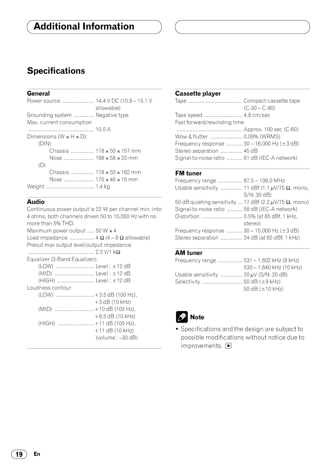 Pioneer KEH-P4025 operation manual Specifications, General, Audio, FM tuner, AM tuner 