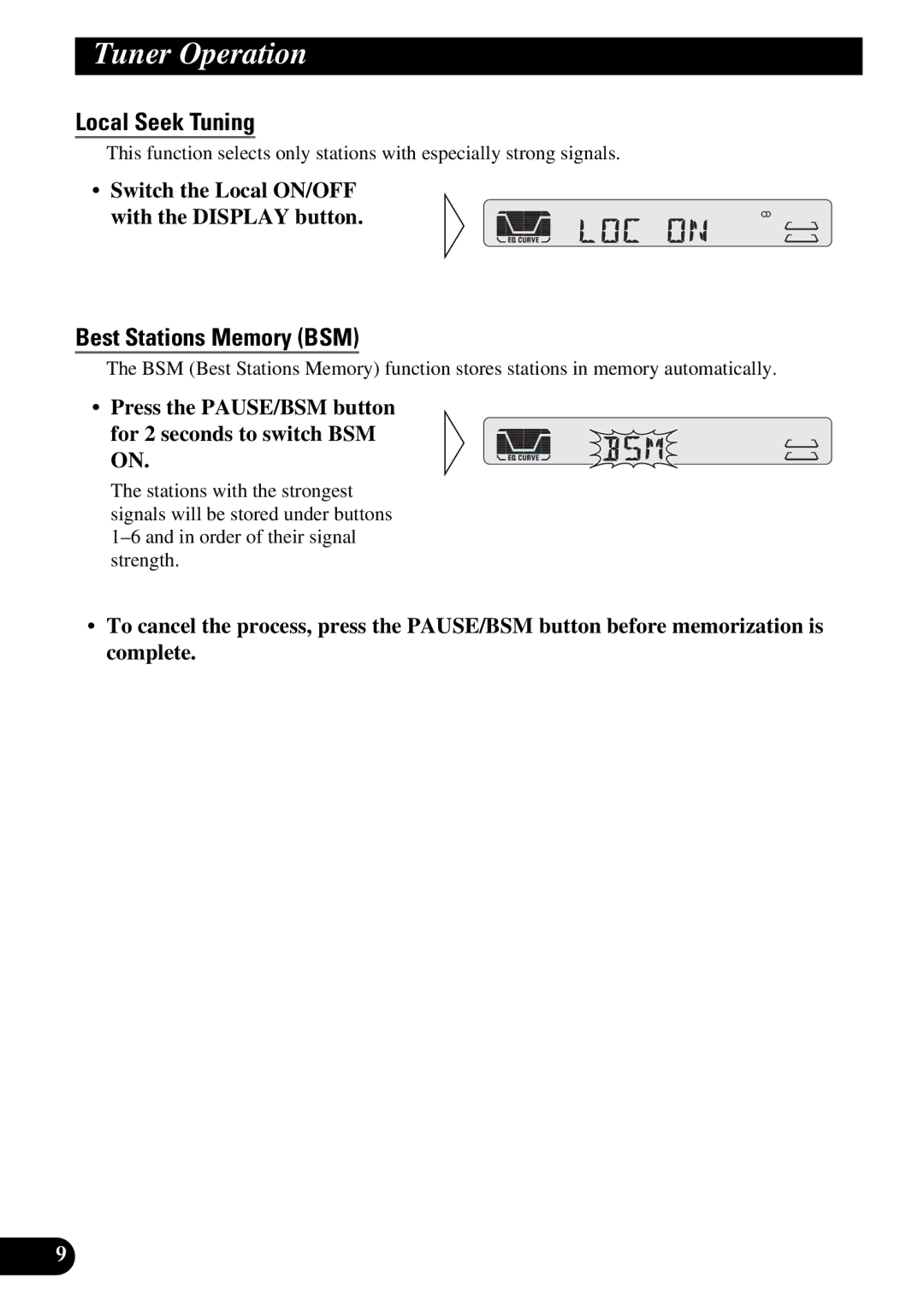 Pioneer KEH-P4950 operation manual Tuner Operation, Local Seek Tuning, Best Stations Memory BSM 