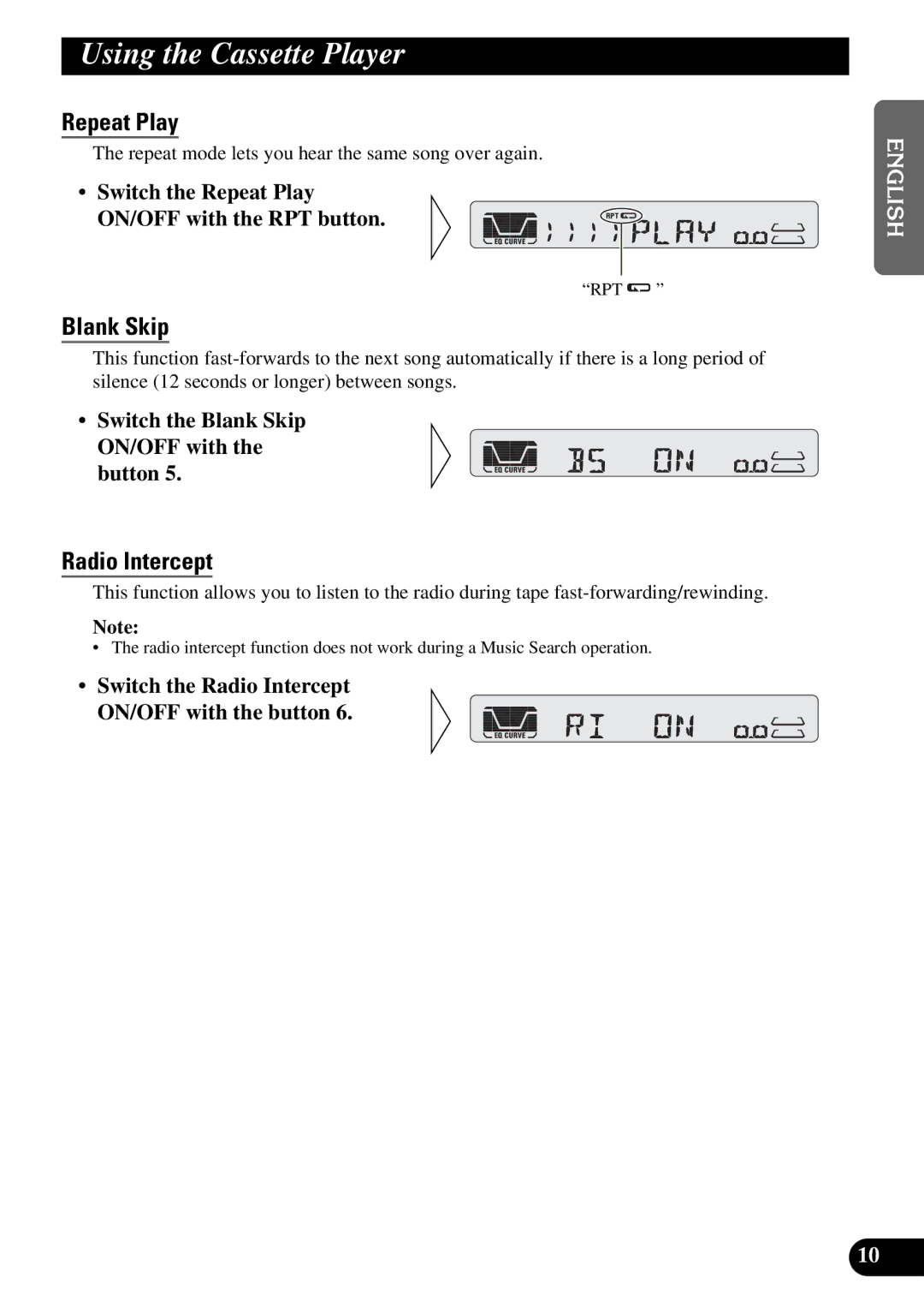 Pioneer KEH-P4950 operation manual Using the Cassette Player, Repeat Play, Blank Skip, Radio Intercept 