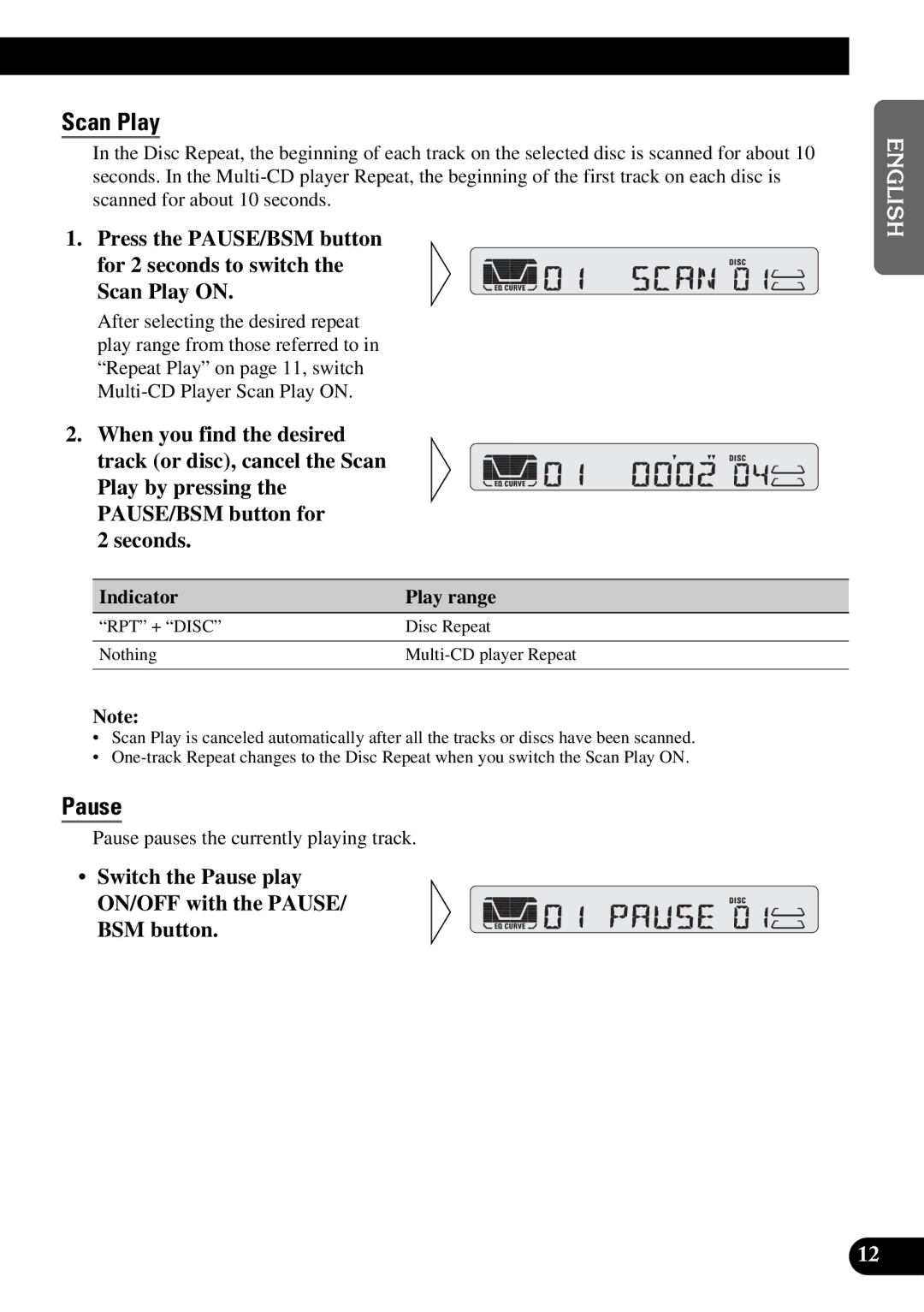 Pioneer KEH-P4950 operation manual Scan Play, Switch the Pause play ON/OFF with the PAUSE/ BSM button 