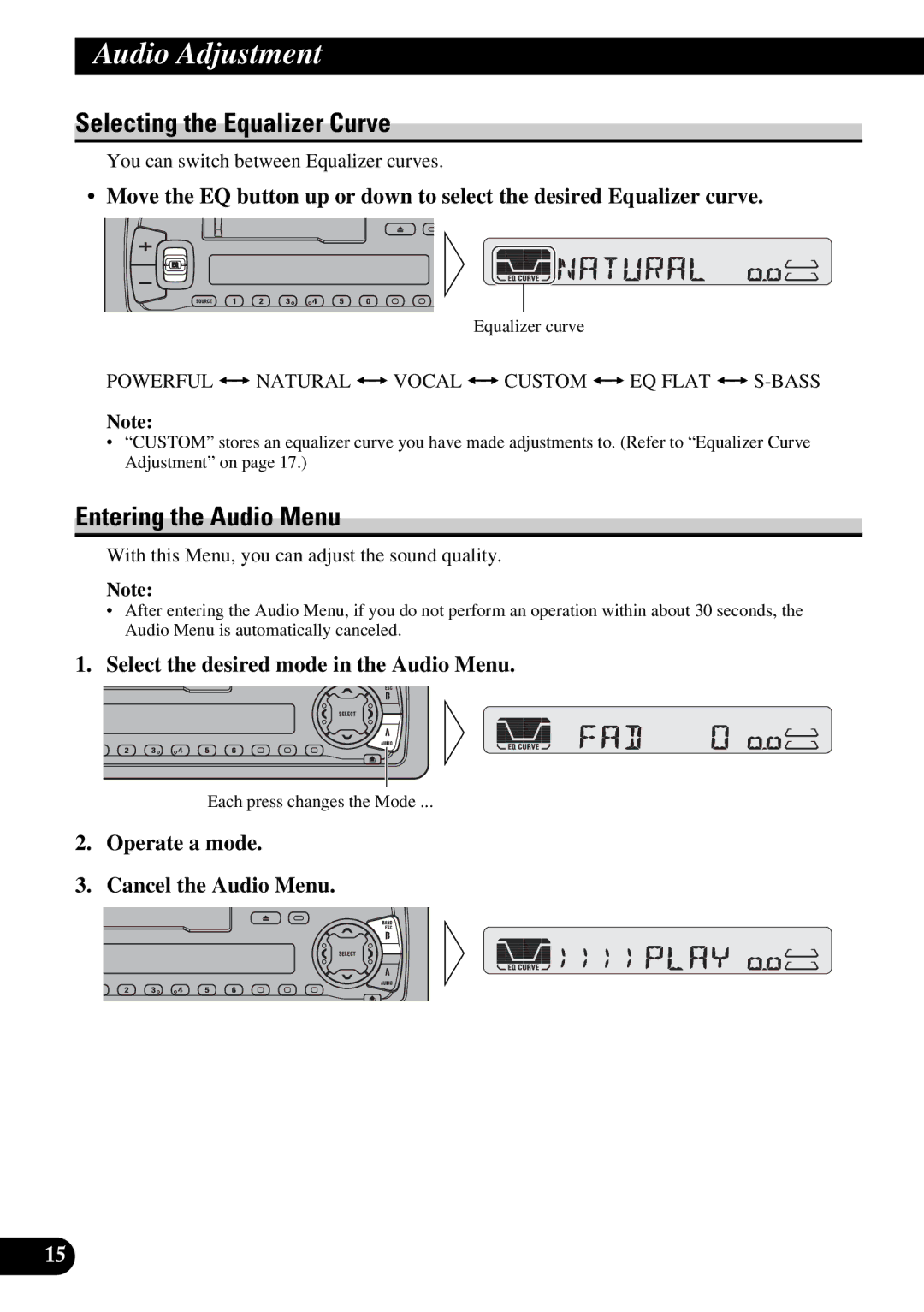 Pioneer KEH-P4950 operation manual Audio Adjustment, Selecting the Equalizer Curve, Entering the Audio Menu 