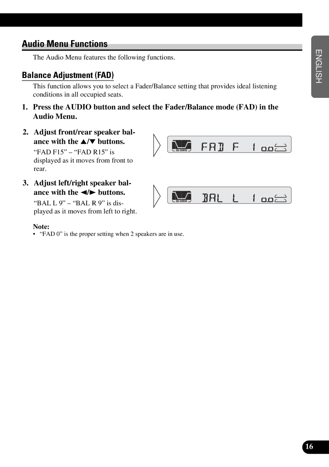 Pioneer KEH-P4950 Audio Menu Functions, Balance Adjustment FAD, Adjust left/right speaker bal- ance with the 2/3 buttons 