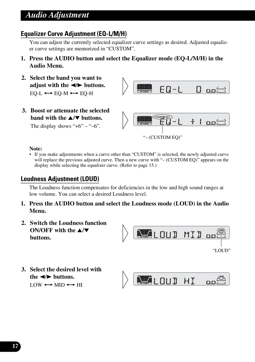 Pioneer KEH-P4950 operation manual Equalizer Curve Adjustment EQ-L/M/H, Loudness Adjustment Loud 