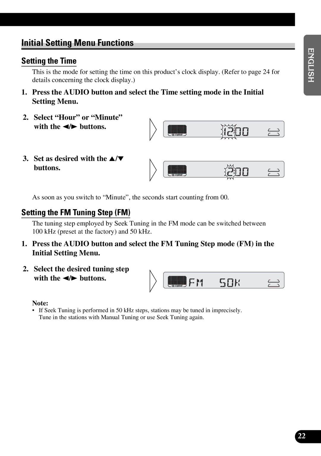 Pioneer KEH-P4950 operation manual Initial Setting Menu Functions, Setting the Time, Setting the FM Tuning Step FM 