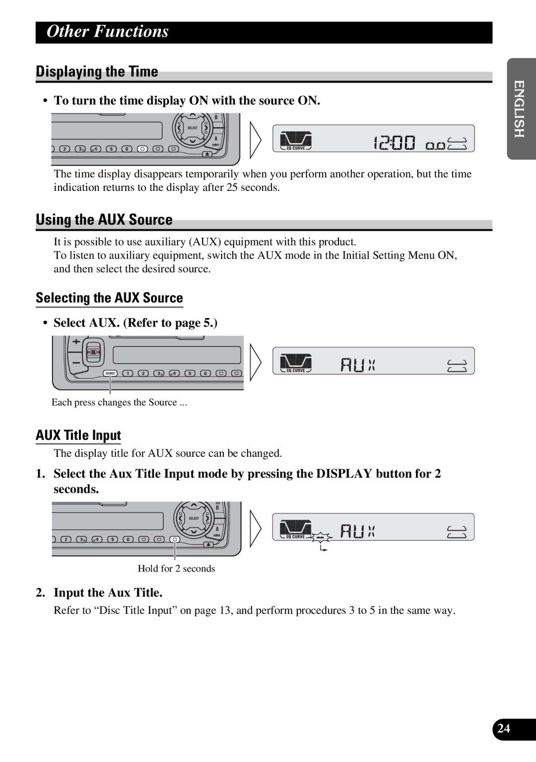 Pioneer KEH-P4950 Other Functions, Displaying the Time, Using the AUX Source, Selecting the AUX Source, AUX Title Input 