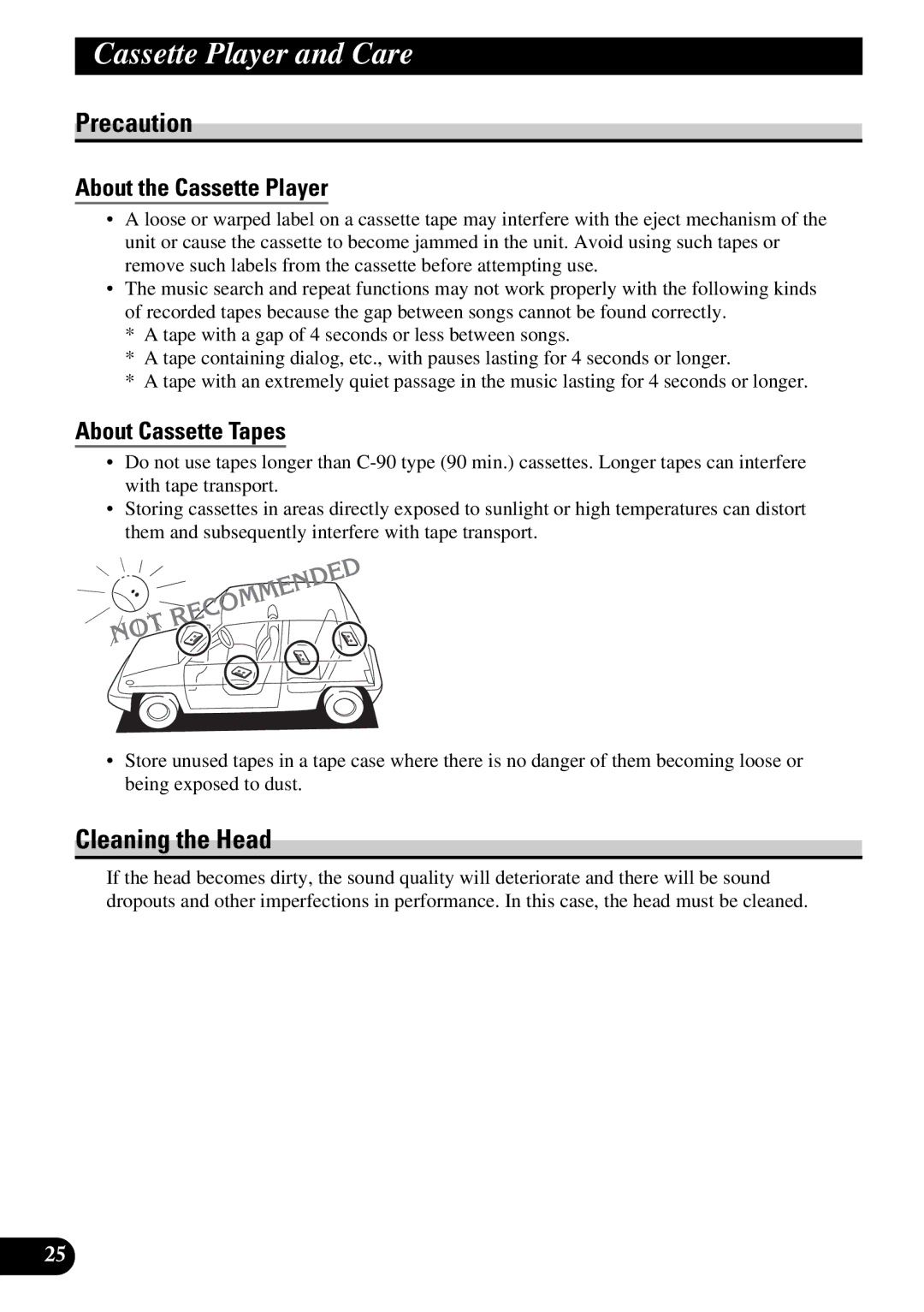 Pioneer KEH-P4950 Cassette Player and Care, Cleaning the Head, About the Cassette Player, About Cassette Tapes 