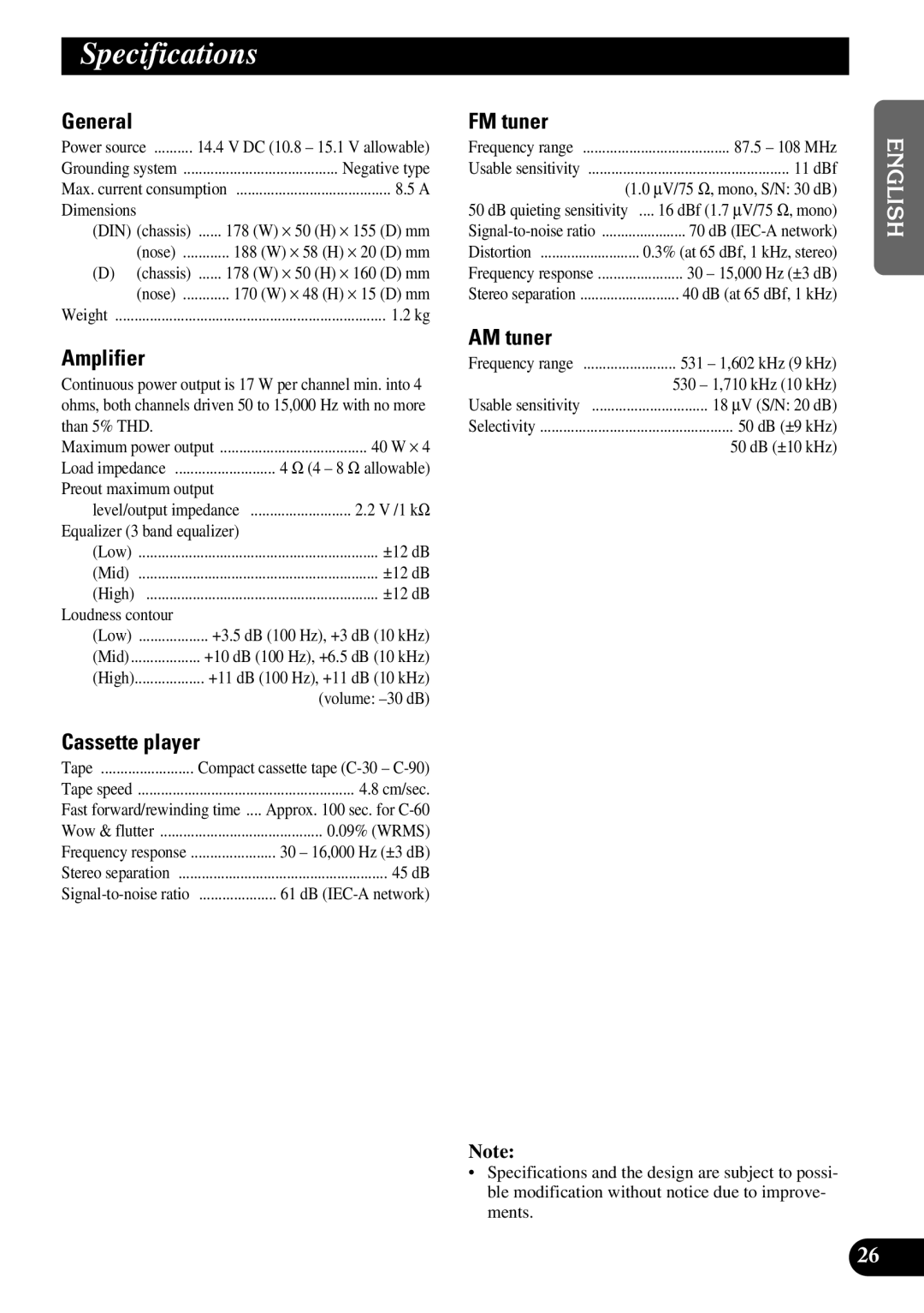 Pioneer KEH-P4950 operation manual Specifications 