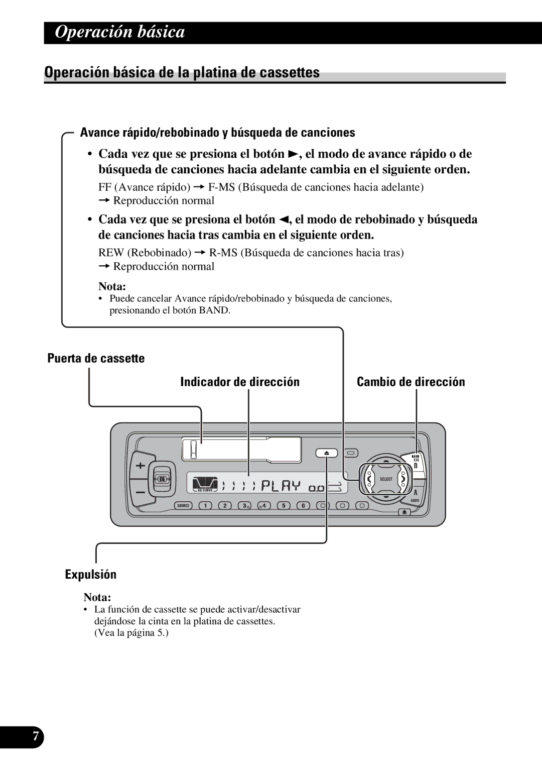 Pioneer KEH-P4950 Operación básica de la platina de cassettes, Avance rápido/rebobinado y búsqueda de canciones, Expulsión 