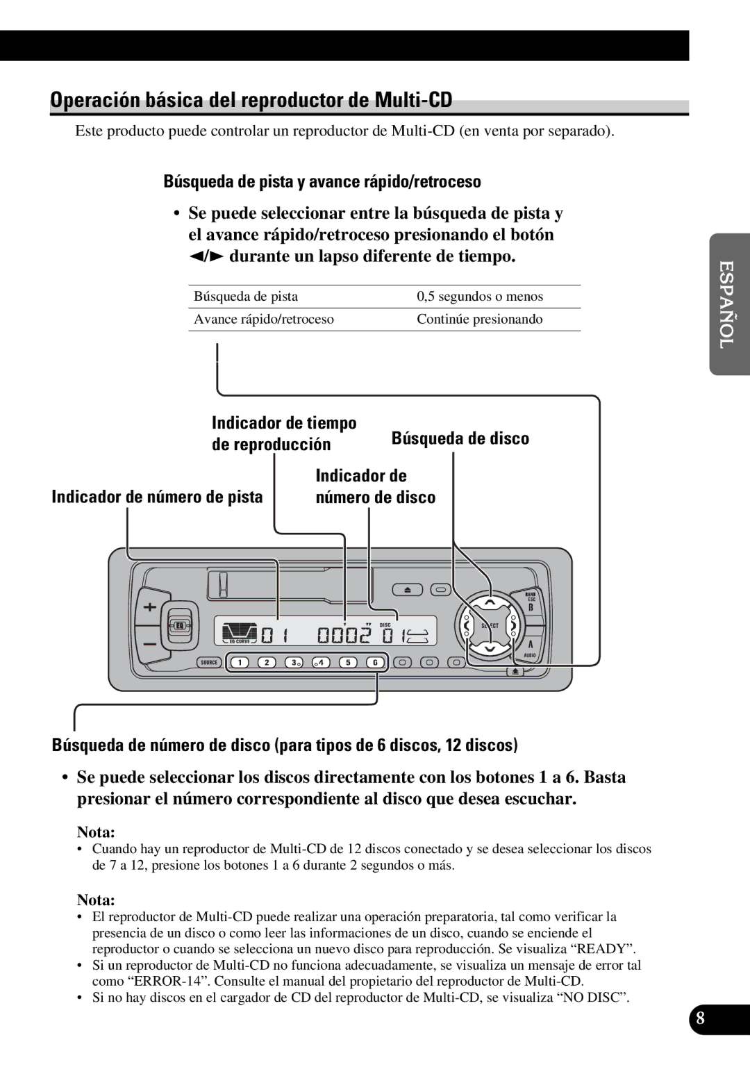 Pioneer KEH-P4950 Operación básica del reproductor de Multi-CD, Búsqueda de pista y avance rápido/retroceso 