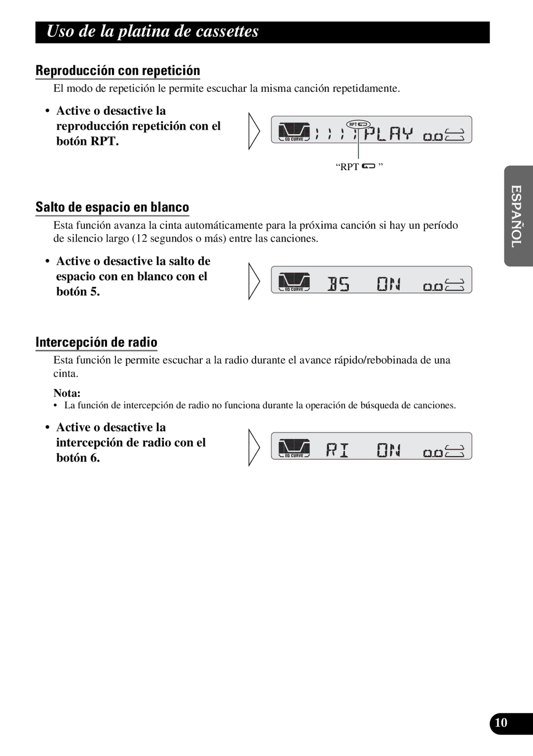 Pioneer KEH-P4950 operation manual Uso de la platina de cassettes, Reproducción con repetición, Salto de espacio en blanco 