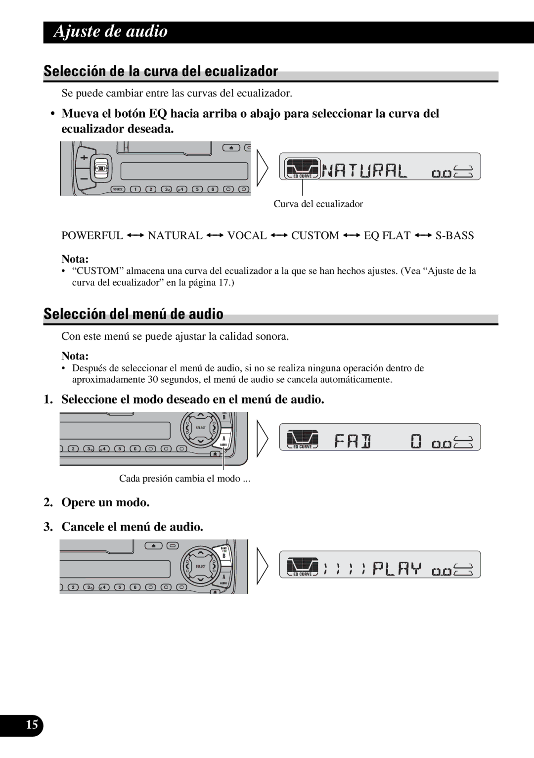 Pioneer KEH-P4950 operation manual Ajuste de audio, Selección de la curva del ecualizador, Selección del menú de audio 